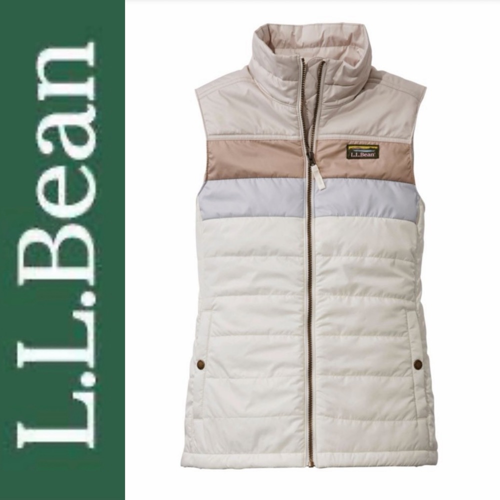 SZ M LLBean Colorblock Quilted Vest in Cream, Taupe & Light Gray